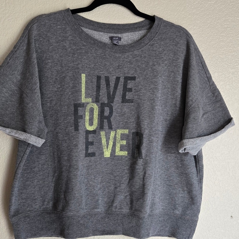 Aerie Womens Live For Ever Short Sleeve Sweatshirt Gray Graphic Pullover XL